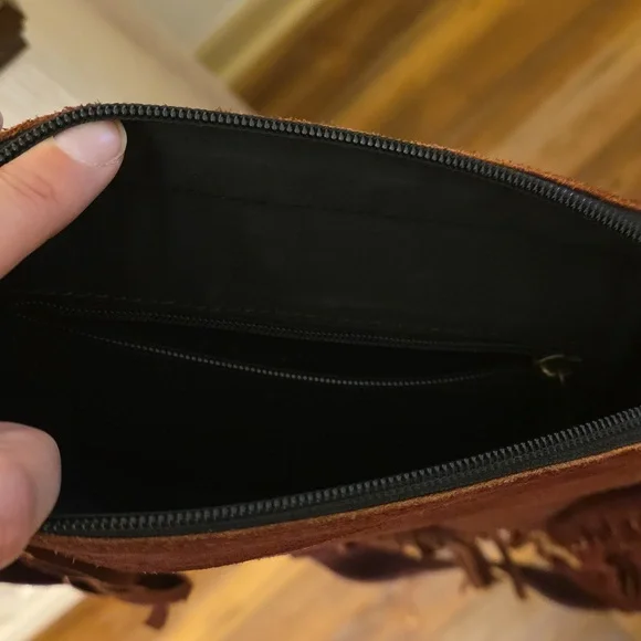 Warm Brown Fringe Leather Bag with Turquoise Accent - Picture 2 of 6